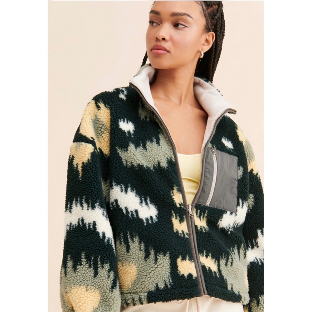 Free People Bellerose Belou Reversible Fleece Women Size 3 Green Cream Sherpa